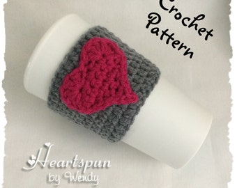 CROCHET PATTERN to make a Heart Coffee Cup or Tea Cup Cozy and Heart Applique in 2 sizes, Pdf, Instant Download. Sew Hearts on other items!!