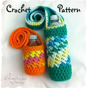 CROCHET PATTERN to make a Sideways Shell Water Bottle Holder / Drink Carrier in 2 sizes, Full size and Mini Size.  Instant download, PDF