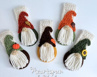 Handmade Fall Gnome towel holder rings, limited edition, 5 styles, fold-over strap for ovens or cupboard handles, holds towels