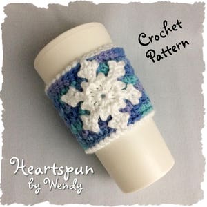 CROCHET PATTERN to make an Ice Crystal and Snowflake Coffee or Tea Cup Cozy with large Snowflake Applique, Pdf Format, Instant Download.