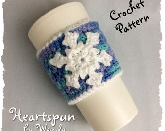CROCHET PATTERN to make an Ice Crystal and Snowflake Coffee or Tea Cup Cozy with large Snowflake Applique, Pdf Format, Instant Download.