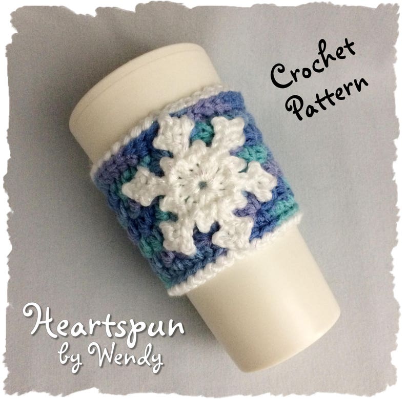 CROCHET PATTERN to make an Ice Crystal and Snowflake Coffee or Tea Cup Cozy with large Snowflake Applique, Pdf Format, Instant Download. image 1