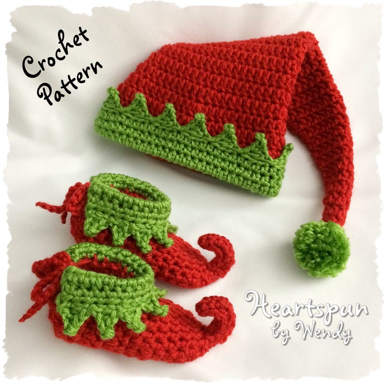 CROCHET PATTERN for you to make a Christmas Elf Baby and Child Hat and Shoe Set in 5 sizes, Great photo prop. Pdf Format Instant Download image 4