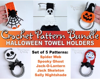 SAVE on this CROCHET PATTERN Bundle for Halloween Towel Holders! Spider Web, Spooky Ghost, Jack-O-Lantern, Jack Skeleton and Sally. Fall