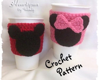 CROCHET PATTERN to make a Mickey Mouse and Minnie Mouse Coffee / Tea Cup Cozy and applique, Pdf Format, Instant Download.