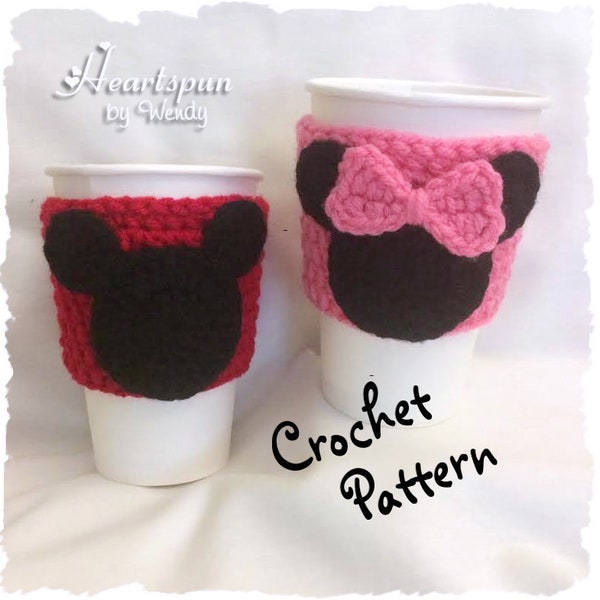 CROCHET PATTERN to make a Mickey Mouse and Minnie Mouse Coffee / Tea Cup Cozy and applique, Pdf Format, Instant Download.