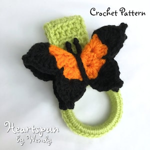 CROCHET PATTERN to make a 3D Butterfly Towel Ring with fold over strap or cabinet knob strap, for hand or dish towels. Instant Download, PDF