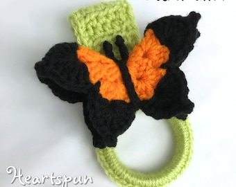 CROCHET PATTERN to make a 3D Butterfly Towel Ring with fold over strap or cabinet knob strap, for hand or dish towels. Instant Download, PDF