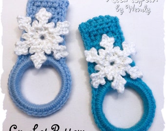 CROCHET PATTERN to make a Snowflake towel Ring with fold over strap or knob hole strap for hand or dish towels. Instant Download, PDF