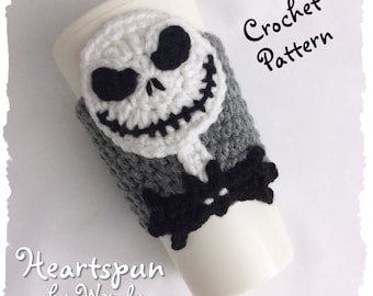 CROCHET PATTERN to make a Skeleton Coffee Cup Cozy, Tea Cozy, Coffee Sleeve, skeleton applique, Pdf Format, Instant Download.