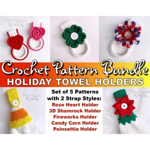 Puede incluir: Un conjunto de 5 patrones de crochet para porta toallas de vacaciones. Los patrones incluyen un corazón de rosa, un trébol, fuegos artificiales, maíz dulce y una flor de pascua. Los patrones están disponibles en dos estilos de correa.