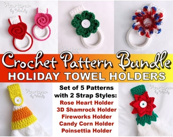 SAVE on this CROCHET PATTERN Holiday Towel Holder Bundle! Rose Heart, 3D Shamrock, Patriotic Fireworks, Candy Corn Skirt, Poinsettia Skirt
