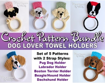SAVE on this CROCHET PATTERN Bundle for Dog Lovers. Pug Labrador Boston Terrier Beagle Hound Dachshund Towel Holders! Instant Download