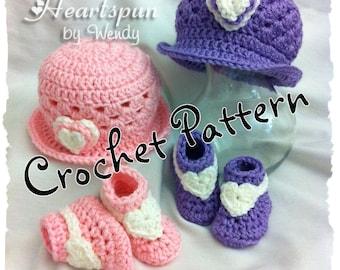 CROCHET PATTERN for you to make this Sweet Hearts Baby Hat and Bootie Set in 3 sizes, PDF Format.  Shape brim to wear different ways.