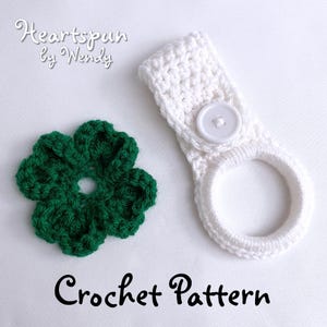 CROCHET PATTERN 3D Shamrock Four Leaf Clover Towel Holder Ring with two strap styles for hand or dish towels. PDF Download image 3