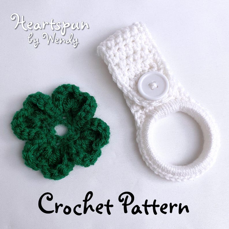 CROCHET PATTERN 3D Shamrock Four Leaf Clover Towel Holder Ring with two strap styles for hand or dish towels. PDF Download image 3