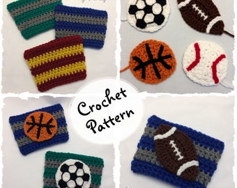 CROCHET PATTERN to make a Striped Sports Team Coffee or Tea Cup Cozy plus Football, Baseball, soccer, basketball, tennis appliques.