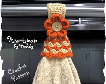 CROCHET PATTERN to make a Ripple Skirt Towel Ring with foldover or knob strap, optional 3D flower, for hand or dish towels. Instant Download