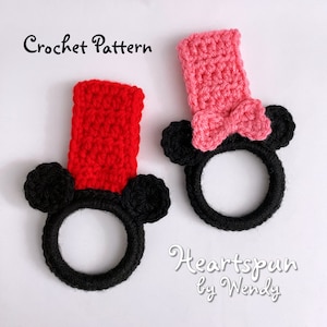 CROCHET PATTERN to make Mickey Mouse and Minnie Mouse Towel Rings with fold-over or knob strap, for hand or dish towels. Instant Download