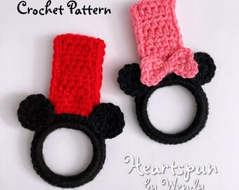 GEHAAKT PATROON om Mickey Mouse en Minnie Mouse handdoekringen te maken met omslag- of knopriempje, voor hand- of theedoeken. Direct downloaden