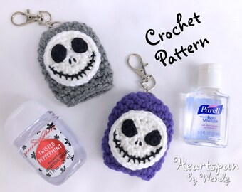 CROCHET PATTERN for you to make a Jack Skellington Hand Sanitizer Holder, Easy to understand directions, Pdf Format, Instant Download.