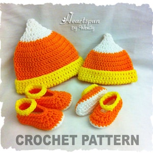 May include: Crochet pattern for a candy corn hat and booties set. The hat and booties are made in orange, yellow, and white yarn.