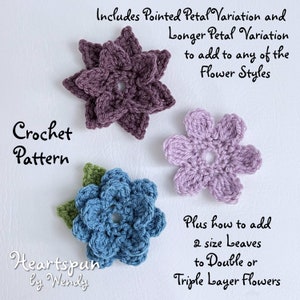 CROCHET PATTERN to make Single, Double, Triple Layer Flowers, 5 flowers with 2 petal variations and leaves. PDF Format, Instant Download image 4
