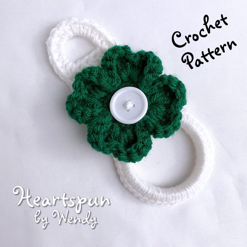 CROCHET PATTERN 3D Shamrock Four Leaf Clover Towel Holder Ring with two strap styles for hand or dish towels. PDF Download image 7