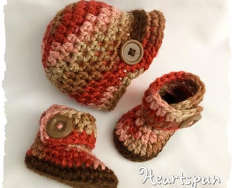 READY TO SHIP Newsboy Baby Hat and Ankle Wrap Boot Set, Soft and Cuddly, Newborn to 3 Months. Hand Crocheted. Baby Hat and Baby Bootie Shoes