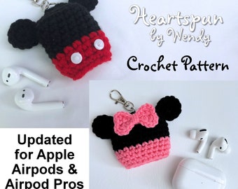 CROCHET PATTERN to make a Mickey and Minnie Mouse Apple Airpod or Airpod Pro Earbud Holder with clip, charging port hole. Instant Download