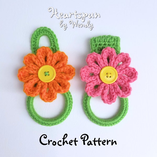 CROCHET PATTERN to make a Spring Daisy Towel Holder Ring with fold over or knob hole strap and Removable 3D Daisy Flower, holds dish towels