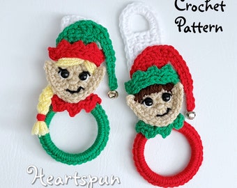 CROCHET PATTERN to make a Christmas Elf Towel Holder Ring with fold over or knob hole strap for hand or dish towels. Instant Download, PDF