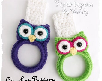 CROCHET PATTERN to make an Owl Towel Ring with fold over strap or knob hole strap for hand or dish towels. Instant Download, PDF