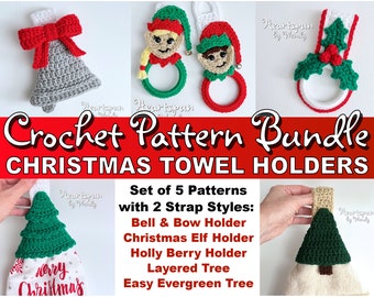 SAVE on this CROCHET PATTERN Bundle for Kitchen or Bath Christmas Holiday Towel Holders in 5 styles, all with 2 strap styles! Pdf Download