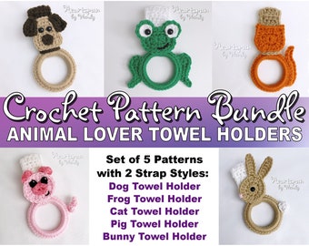 SAVE on this CROCHET PATTERN Bundle for Animal Lovers. Puppy Dog, Frog, Cat, Pig, and Bunny Kitchen or Bath Towel Holders! Instant Download