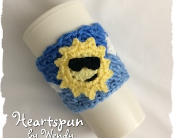READY TO SHIP Sunny Skies Coffee or Tea Cup Cozy with Smiling Sun in Sunglasses! Hand crocheted, fits standard size coffee or tea cups