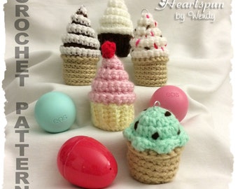 CROCHET PATTERN to make Mini Cupcake and Ice Cream EOS Lip Balm and Easter Egg Holders with clip for keyring or bag, Pdf, Instant Download.