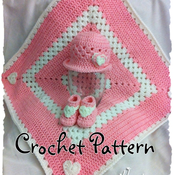 CROCHET PATTERN pour faire ce Sweet Hearts Baby Hat, Booties and Blanket Set en 3 tailles, format PDF.  Forme du bord pour porter différentes façons