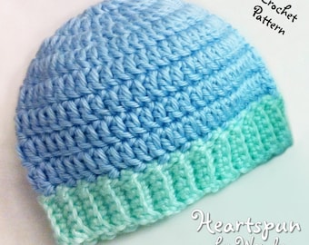 CROCHET PATTERN to make a Ribbed Baby Hat in 3 sizes, 0-12 months, Unisex Boy or Girl, Digital PDF Format, Instant download.