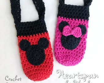 May include: Two crochet water bottle holders with straps. One is red with a black top and a black mouse-shaped applique. The other is pink with a black top, a black mouse-shaped applique, and a pink bow. Text reads: Crochet Pattern Heartspun by Wendy.