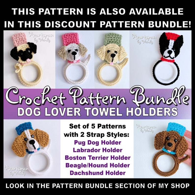 Puede incluir: Paquete de patrones de crochet para porta toallas para amantes de los perros. El paquete incluye cinco patrones: carlino, labrador, Boston terrier, beagle/sabueso y dachshund. Cada patr&oacute;n incluye dos estilos de correa.