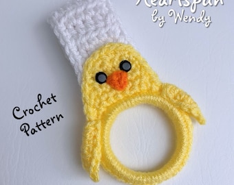 CROCHET PATTERN for you to make a Baby Chick Towel Holder Ring with fold over strap or knob hole strap for hand or dish towels.