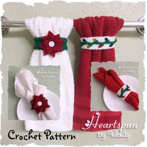 CROCHET PATTERN to make Poinsettia and Christmas Lights Holiday Towel Rings and Napkin Rings. Instant Download, PDF Format