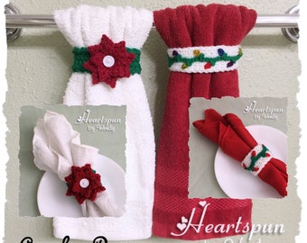 CROCHET PATTERN to make Poinsettia and Christmas Lights Holiday Towel Rings and Napkin Rings. Instant Download, PDF Format