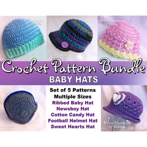 SAVE on this CROCHET PATTERN Bundle for 5 Baby Hat Styles, 3 Sizes Each Pattern, Instant Download