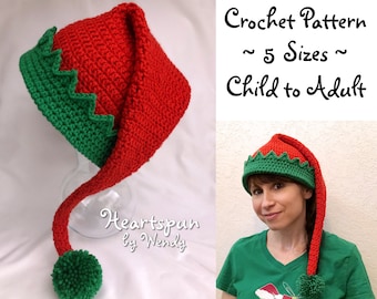 CROCHET PATTERN for you to make a Christmas Elf Hat in 5 sizes, Child to Adult, Easy to Understand directions, Great photo prop Pdf Download