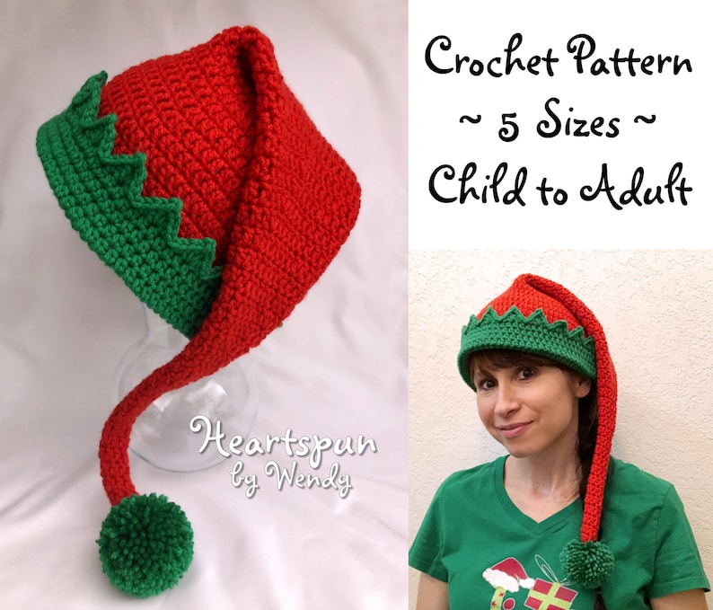 CROCHET PATTERN for you to make a Christmas Elf Hat in 5 sizes, Child to Adult, Easy to Understand directions, Great photo prop Pdf Download image 1