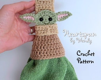 CROCHET PATTERN to make a Baby Alien Towel Ring with Skirt, fold-over or knob hole strap, for hand or dish towels. Instant Download, PDF