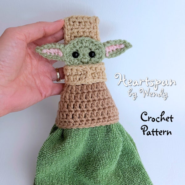 CROCHET PATTERN to make a Baby Alien Towel Ring with Skirt, fold-over or knob hole strap, for hand or dish towels. Instant Download, PDF