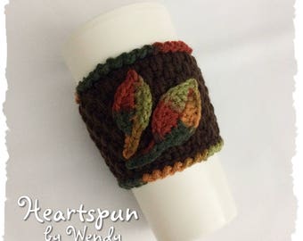 READY TO SHIP Fall Leaf Motif Cup Cozy for Coffee Tea or Ice Cold Drinks. Hand crocheted, fits most standard size cups
